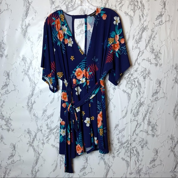 NWT Express Kimono Romper Blue Floral Palm Leaf M - Picture 2 of 7